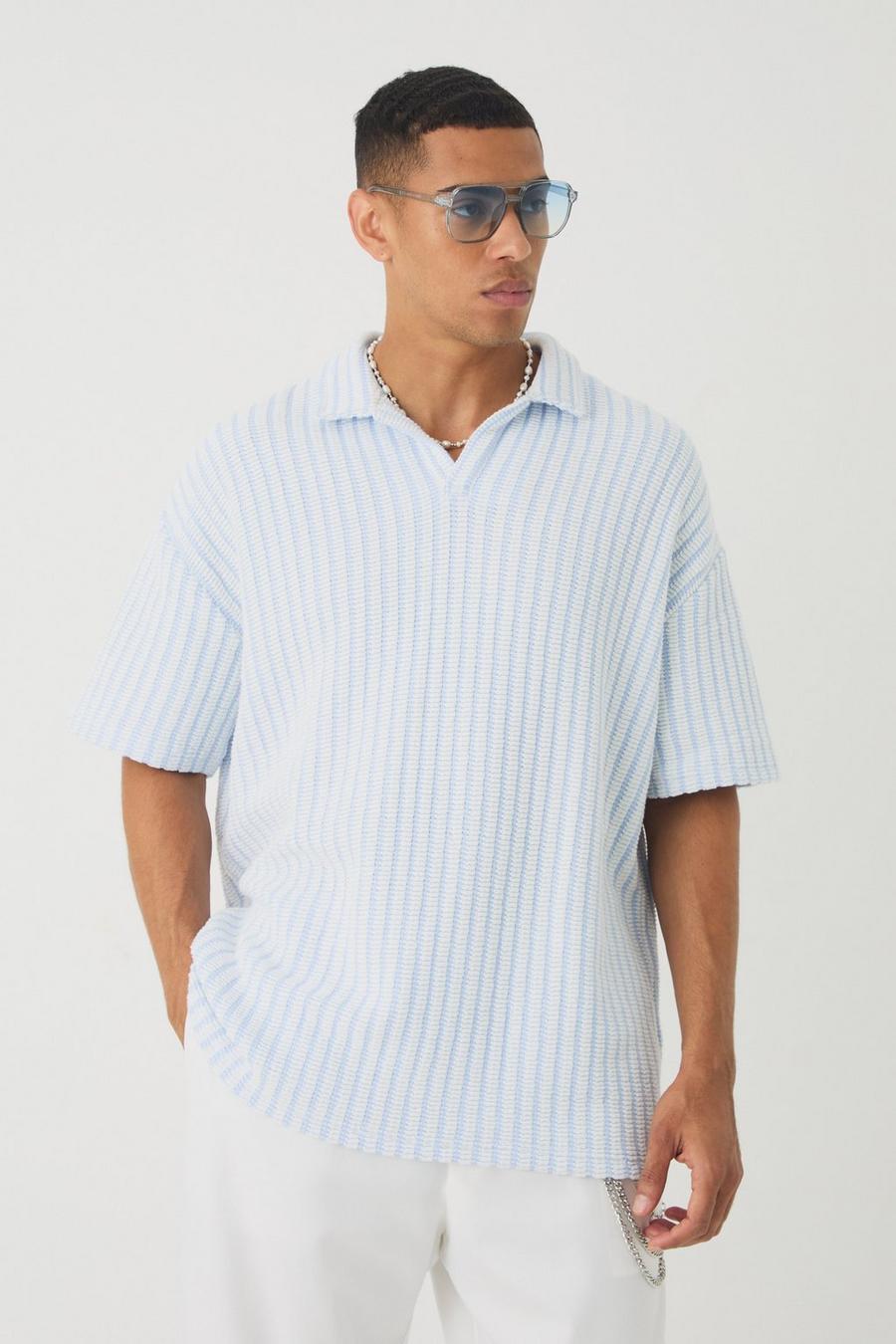 Ecru Oversized Striped Textured Revere Polo image number 1