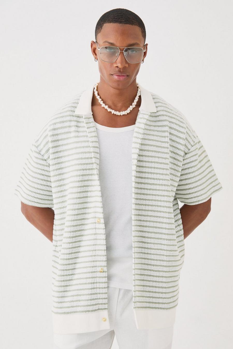 Ecru Oversized Boxy Striped Textured Button Through Polo image number 1
