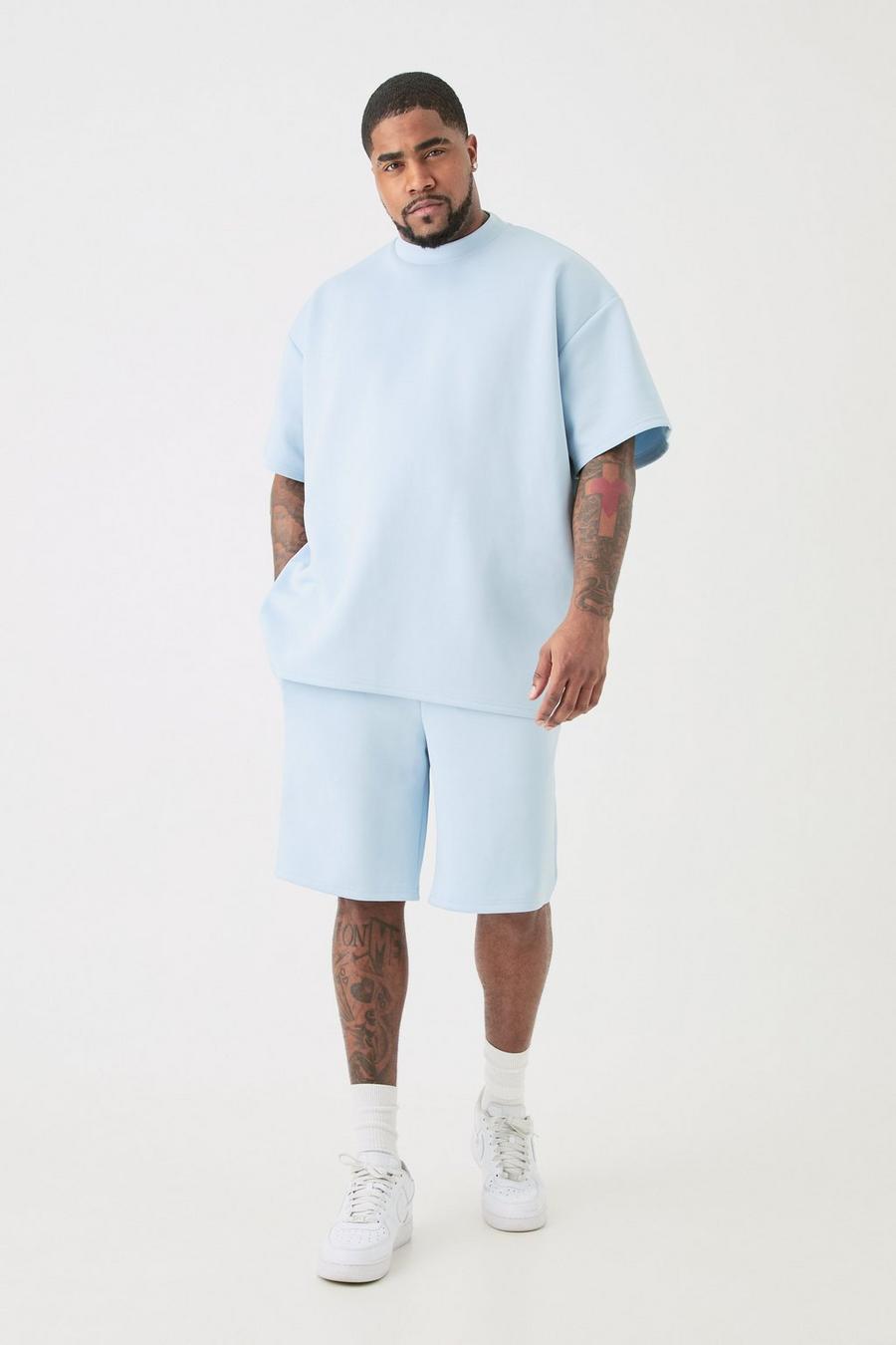 Pastel blue Plus Oversized Scuba T-Shirt En Baggy Shorts Set