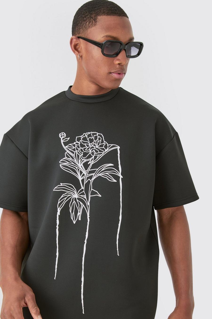 T-shirt oversize in Scuba con disegni a fiori e linee, Black image number 1