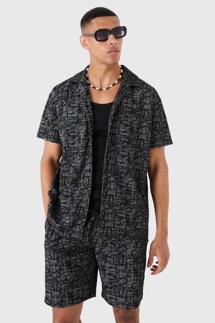 Oversize Denim Jacquard-Hemd & Shorts, Black image number 1
