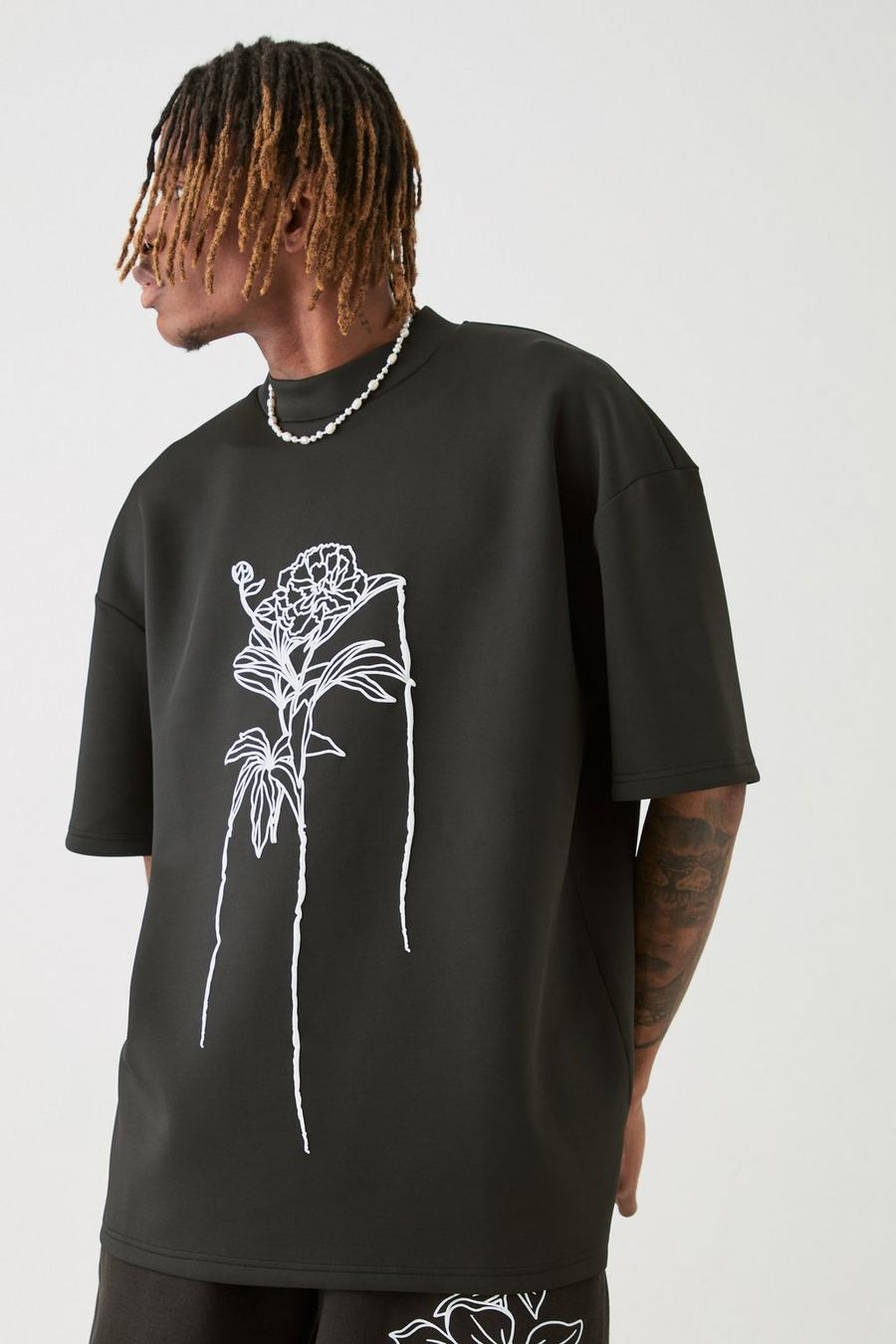 T-shirt Tall oversize in Scuba con disegni a fiori e linee, Black