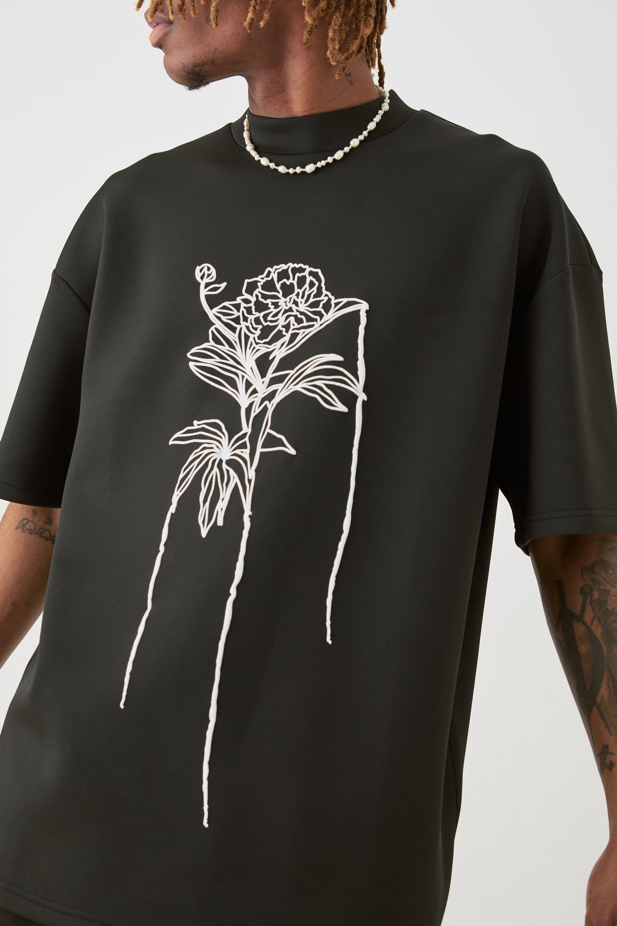 T shirt Tall oversize in Scuba con disegni a fiori e linee