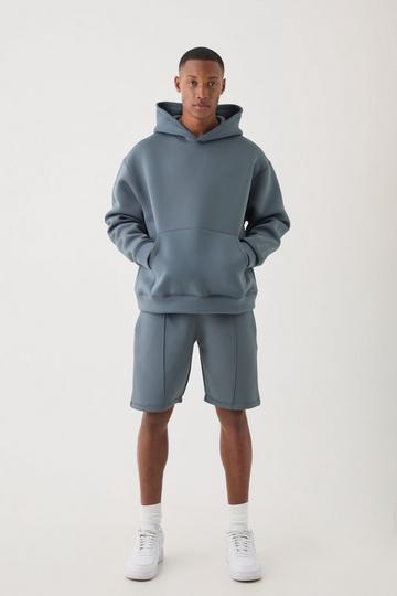 Blue Oversized Boxy Bonded Scuba Hooded Short Tracksuit