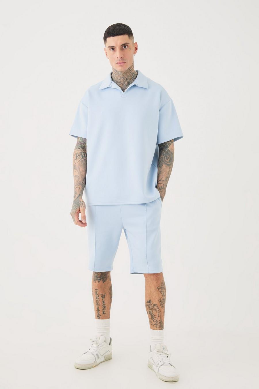 Set Tall polo in Scuba oversize con rever & pantaloncini, Pastel blue image number 1