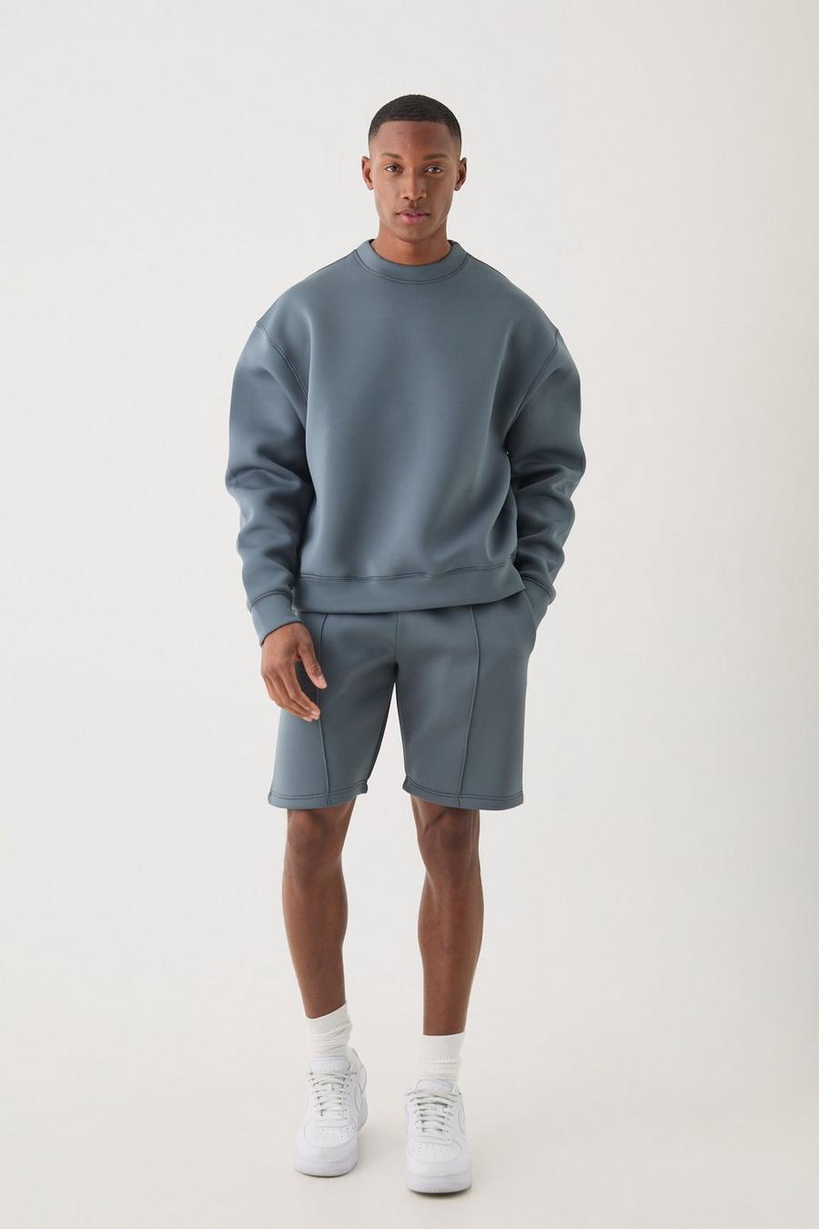 Slate blue Oversized Boxy Bonded Scuba Sweater Short Tracksuit