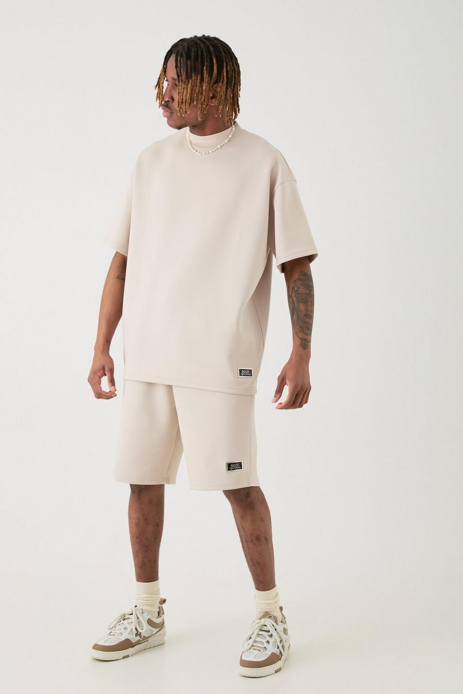 Taupe Tall Oversized Scuba T-shirt & Relaxed Man Tab Short Set image number 1