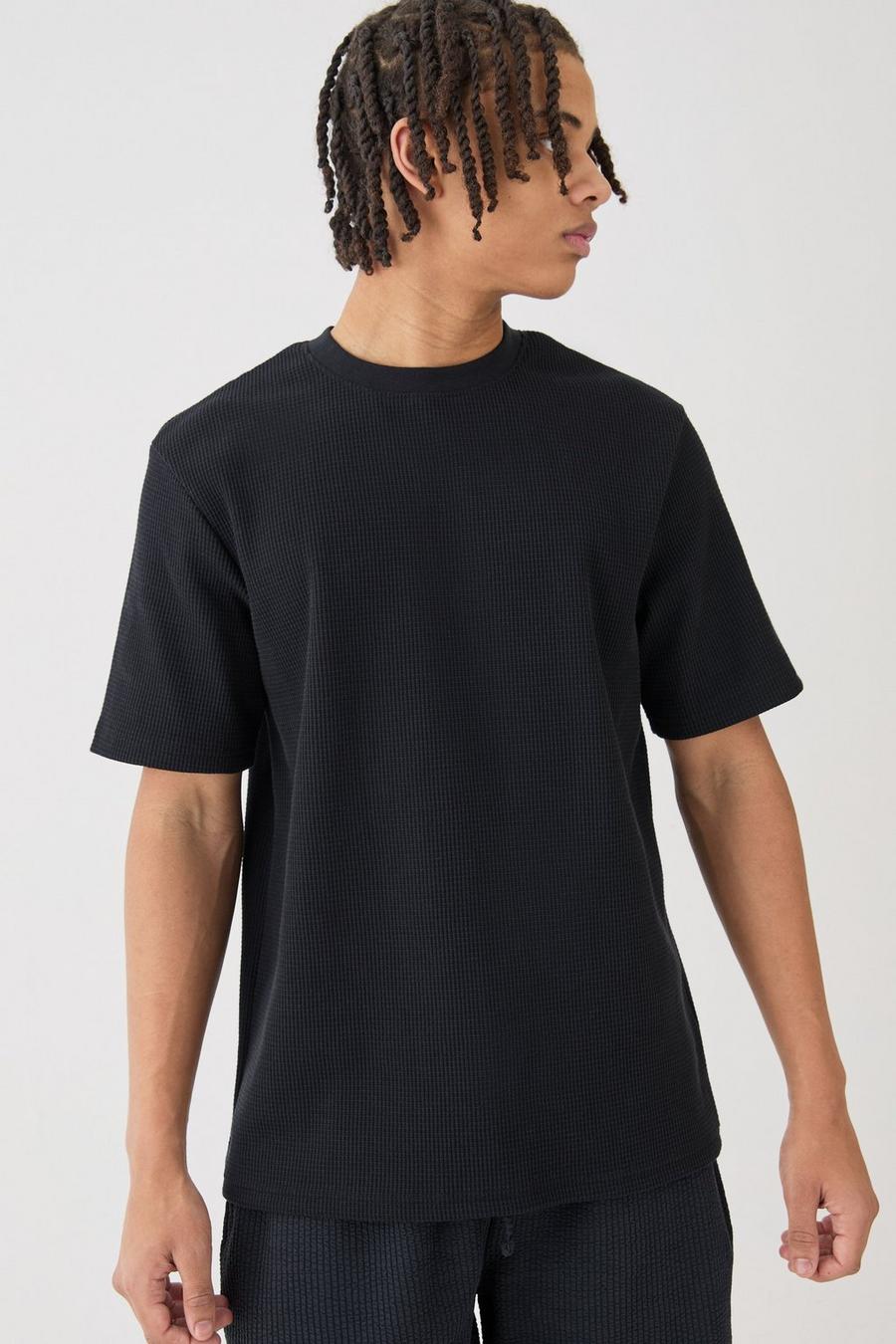 T-Shirt in Waffeloptik, Black