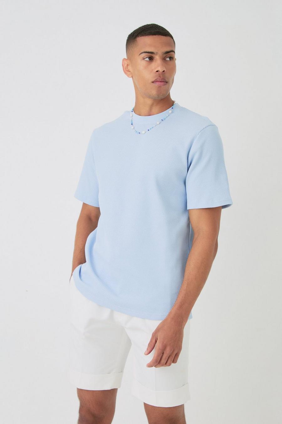 T-Shirt in Waffeloptik, Pastel blue
