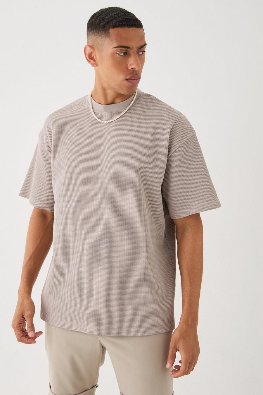 Taupe Oversized Wafel Gebreid T-Shirt image number 1