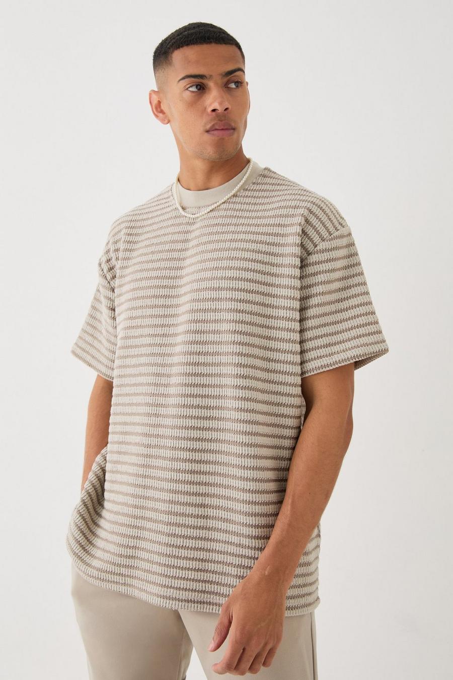Stone Oversized Extended Neck Striped Textured T-shirt