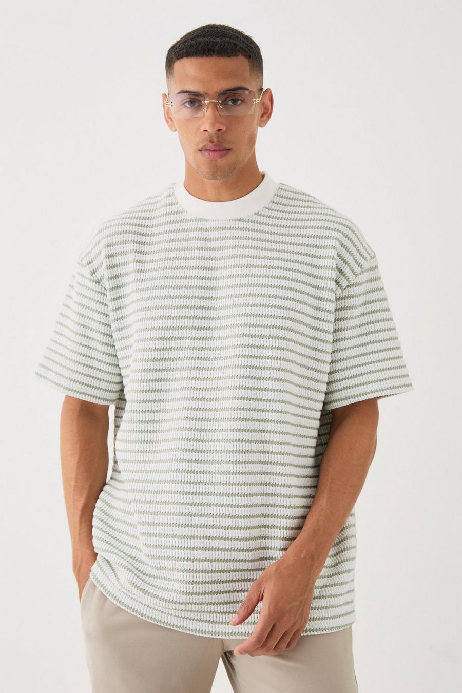 Ecru Oversized Extended Neck Striped Textured T-shirt