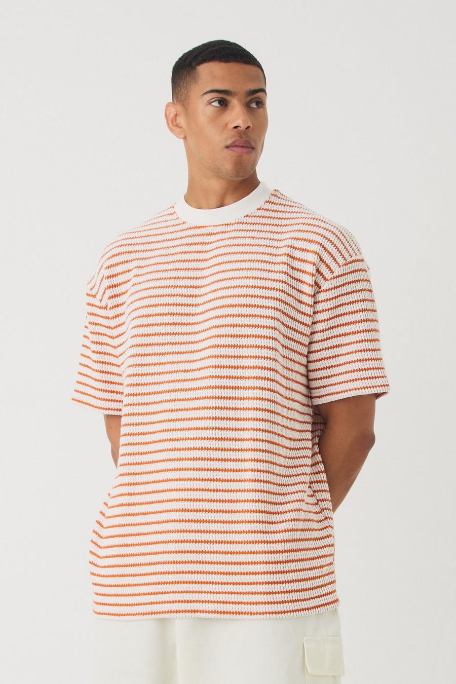Ecru Oversized Extended Neck Striped Textured T-shirt image number 1