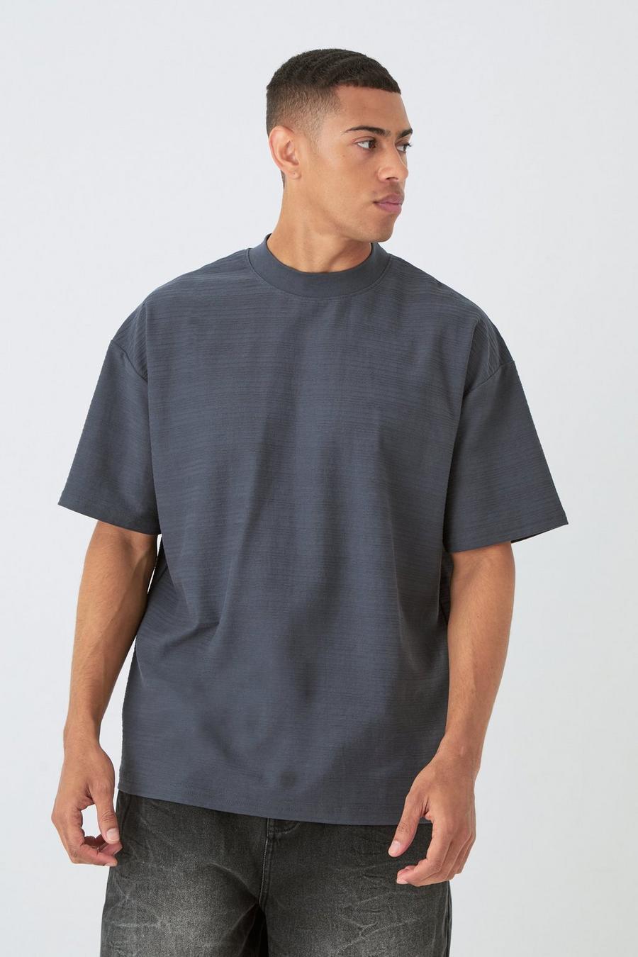 Camiseta oversize de jacquard con cuello extendido y rayas, Charcoal