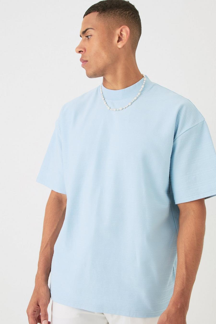 Camiseta oversize de jacquard con cuello extendido y rayas, Dusty blue