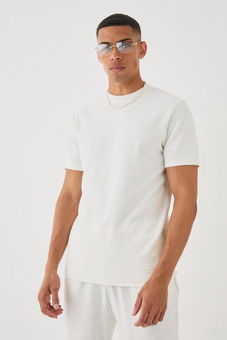Ecru Gestreept Jacquard Slim Fit T-Shirt