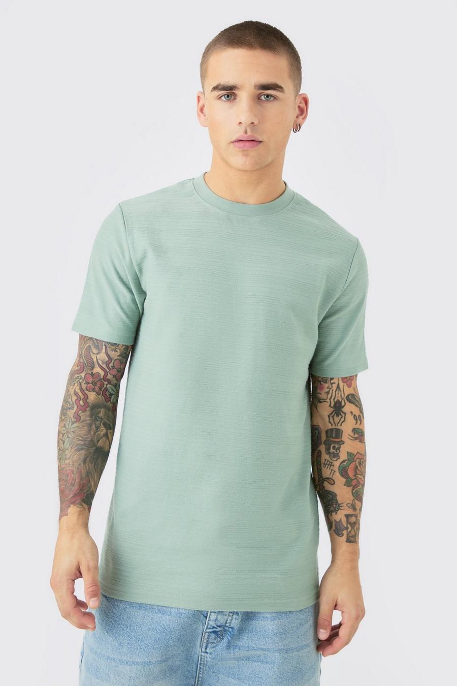 Olive Gestreept Jacquard Slim Fit T-Shirt image number 1