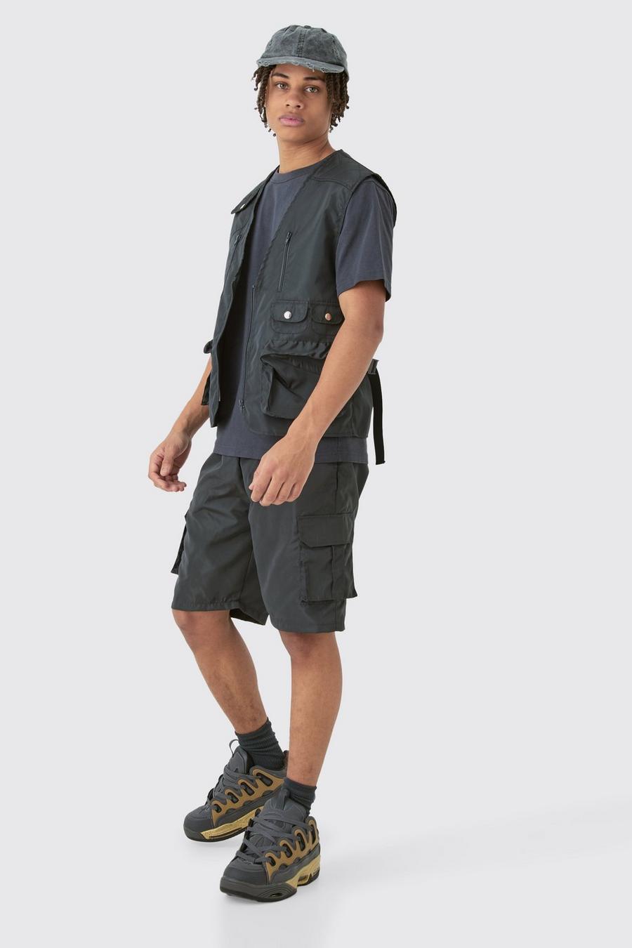 Charcoal Nylon Utility Vest & Short Set