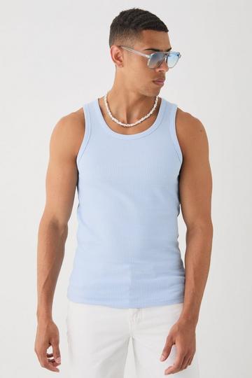 Blue Slim Waffle Tank Top