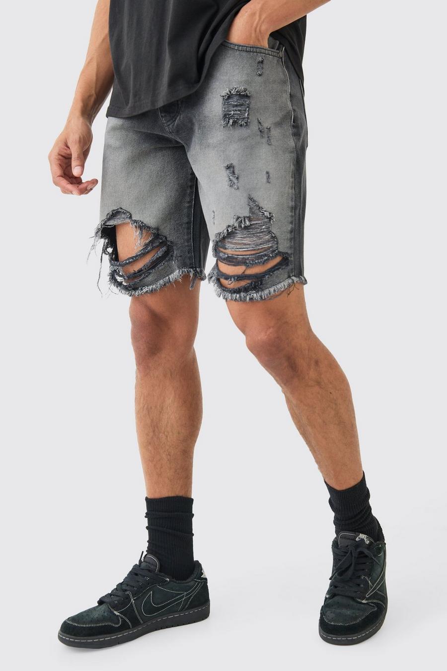 Pantalones cortos vaqueros holgados largos sin tratar rotos en negro desteñido, Washed black image number 1