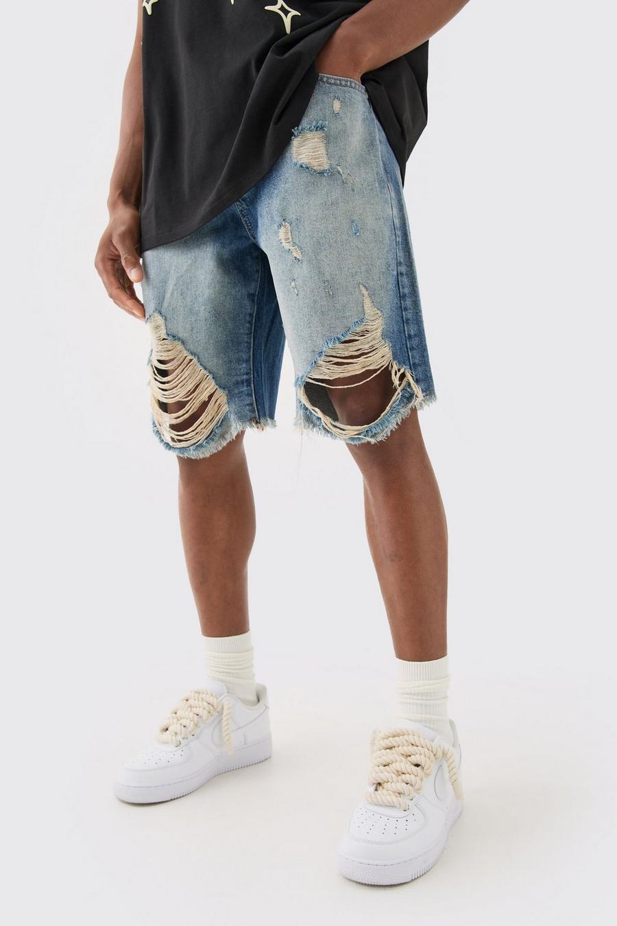 Relaxed Rigid Long Length Ripped Denim Shorts In Ice Blue image number 1