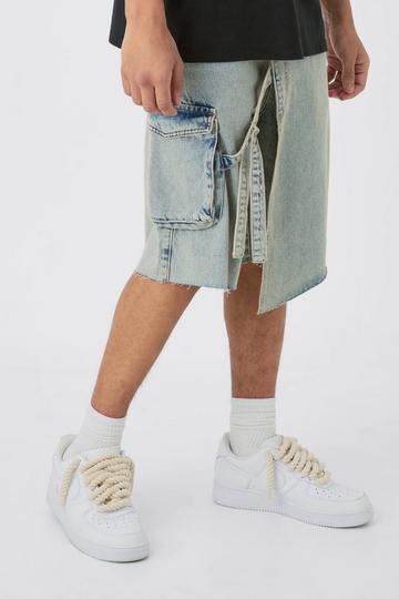 Blue Strap Overlayed Denim Cargo Jorts In Light Blue