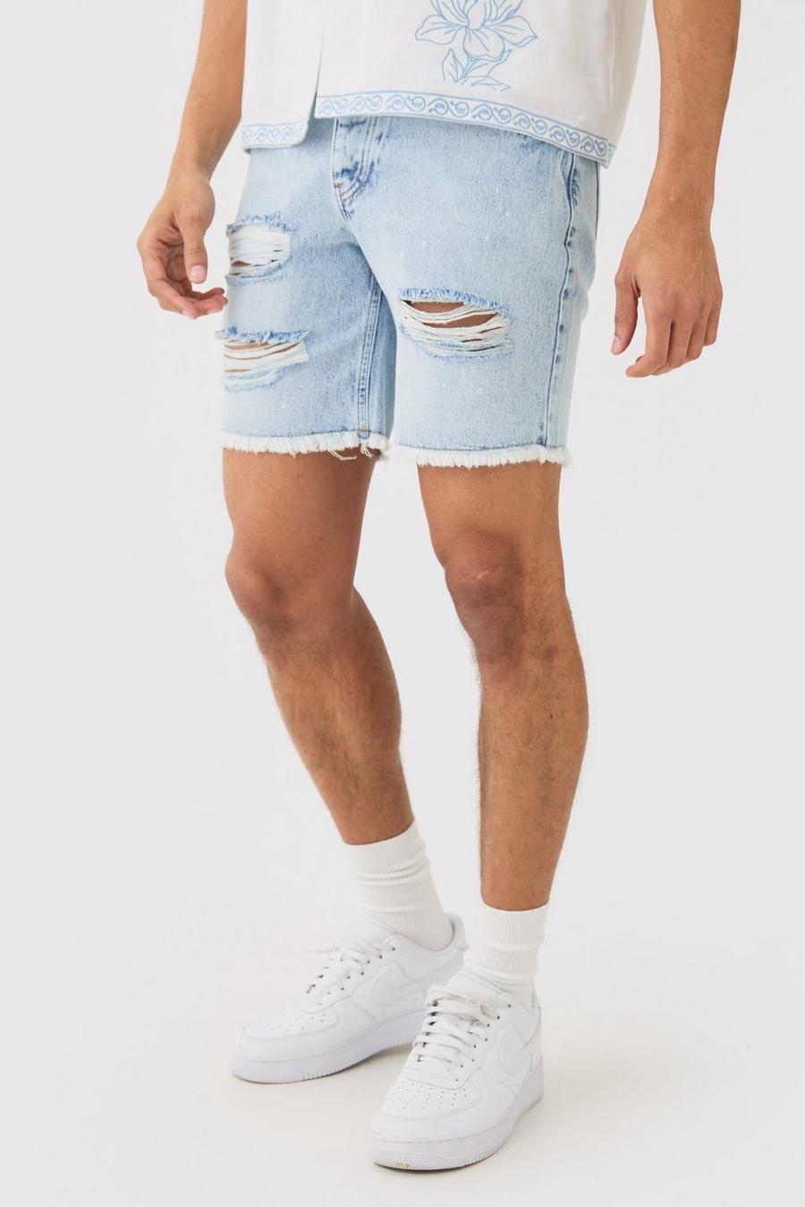 Pantalones cortos vaqueros ajustados sin tratar rotos con salpicaduras de pintura en azul hielo, Ice blue image number 1