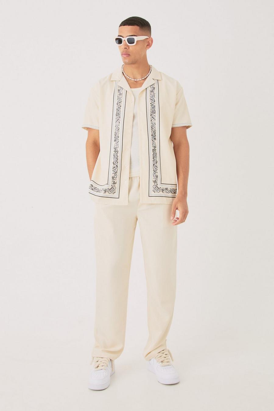 Pantalón y camisa oversize de sarga suave con filos, Ecru image number 1