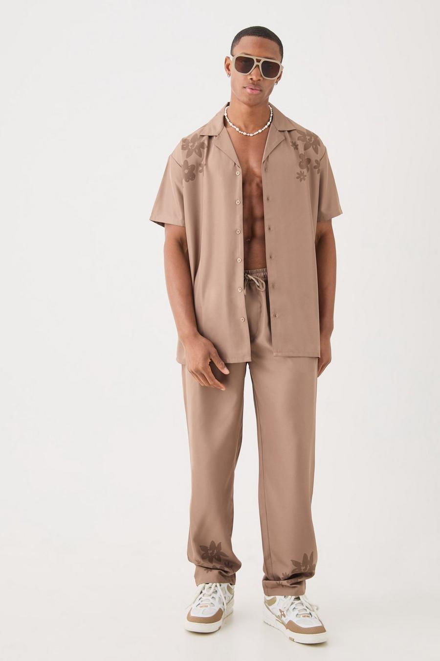Pantalón y camisa oversize de sarga suave con detalle en el hombro, Taupe image number 1