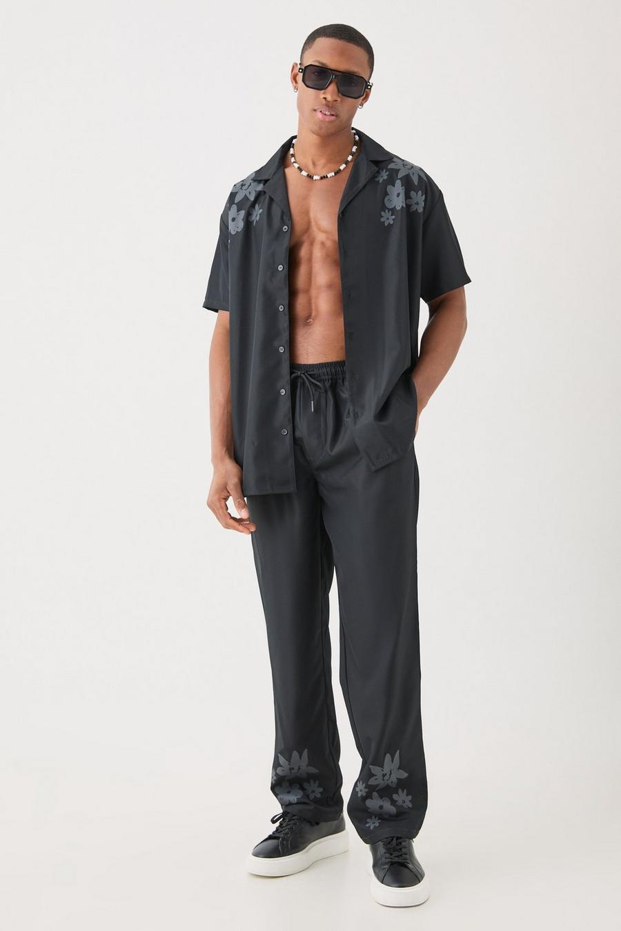 Pantalón y camisa oversize de sarga suave con detalle en el hombro, Black image number 1
