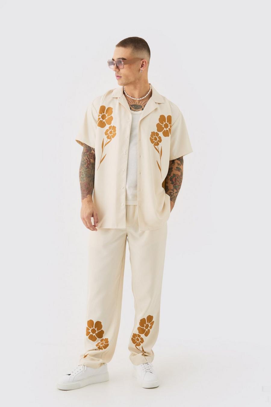 Pantalón y camisa oversize de sarga suave con estampado de flores, Ecru image number 1