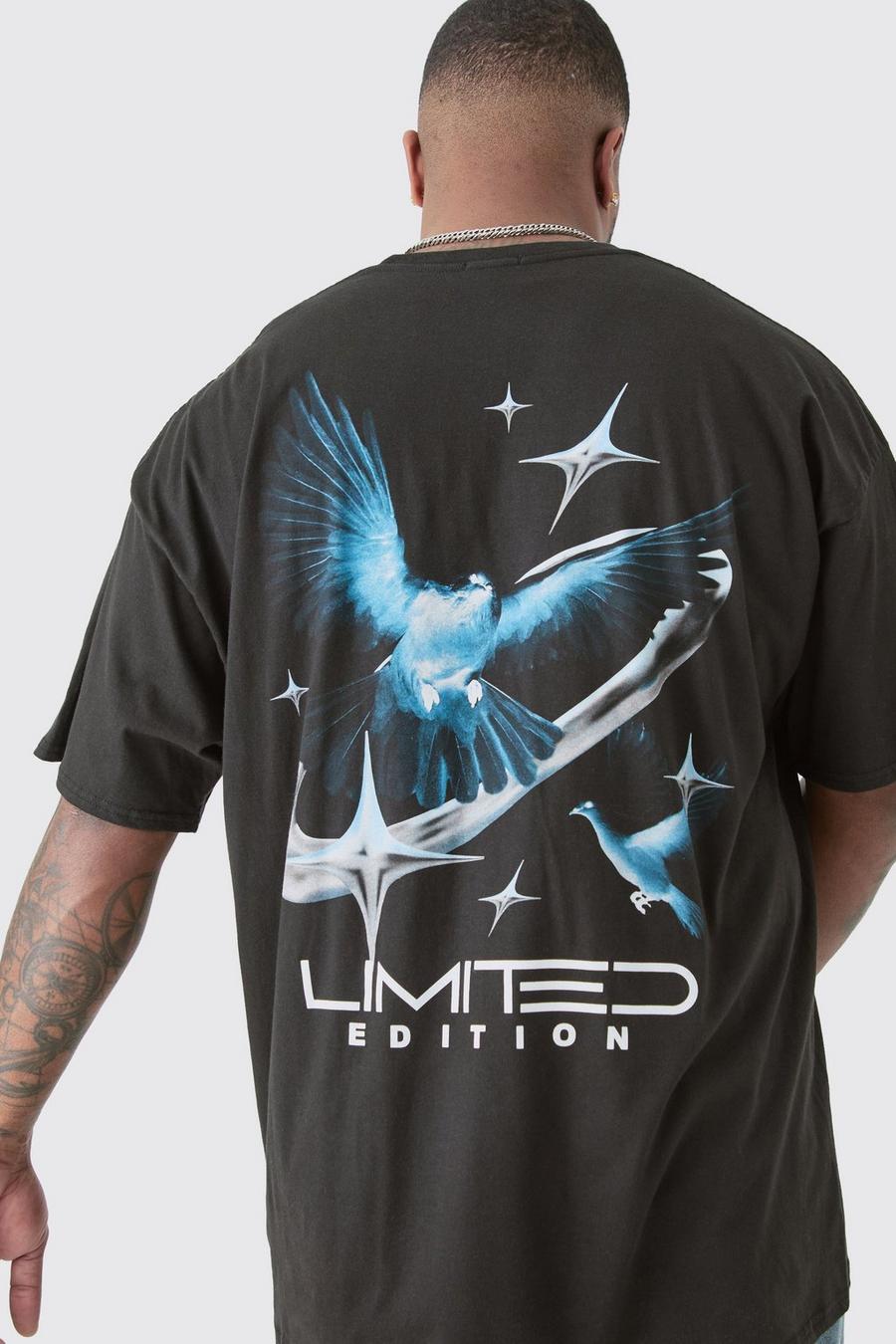 Camiseta Plus oversize con estampado gráfico de pájaro, Black