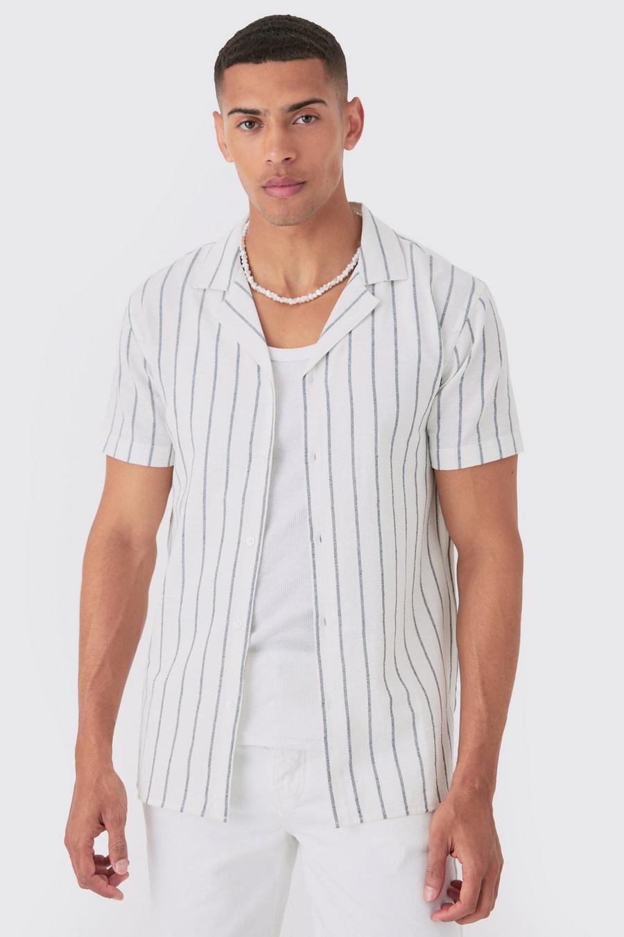 White Short Sleeve Crinkle Pinstripe Shirt