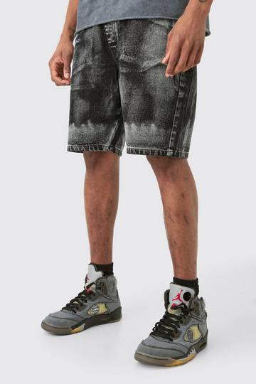 Black Tall Acid Effect Straight Fit Jean Shorts