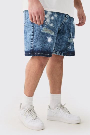 Plus Indigo Wash Paint Splatter Relaxed Fit Denim Shorts indigo