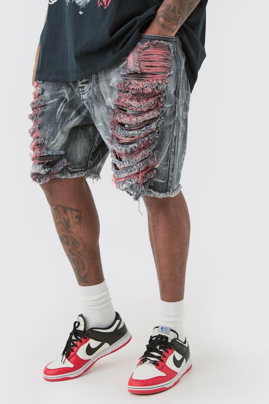 Washed black Plus Extreme Rip Acid Wash Relaxed Fit Short