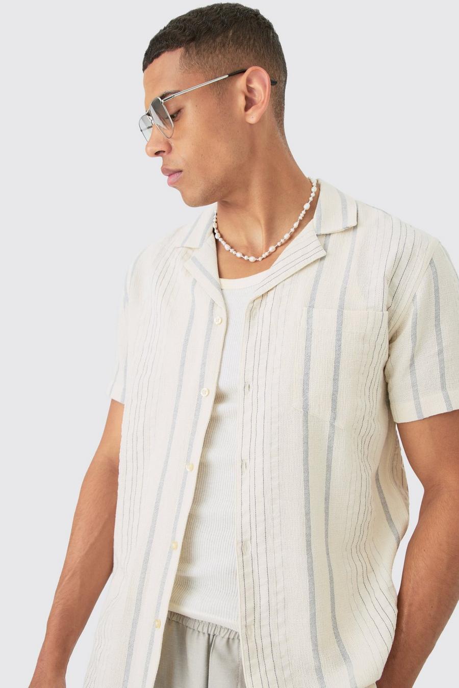 Grey Short Sleeve Textured Multi Stripe Pocket Shirt  image number 1
