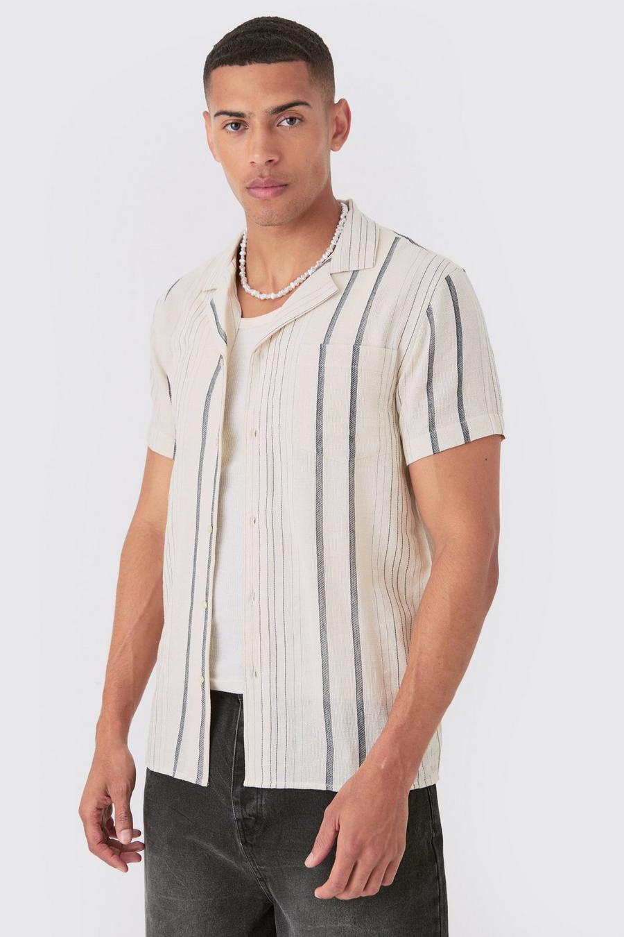 Black Short Sleeve Textured Multi Stripe Pocket Shirt 