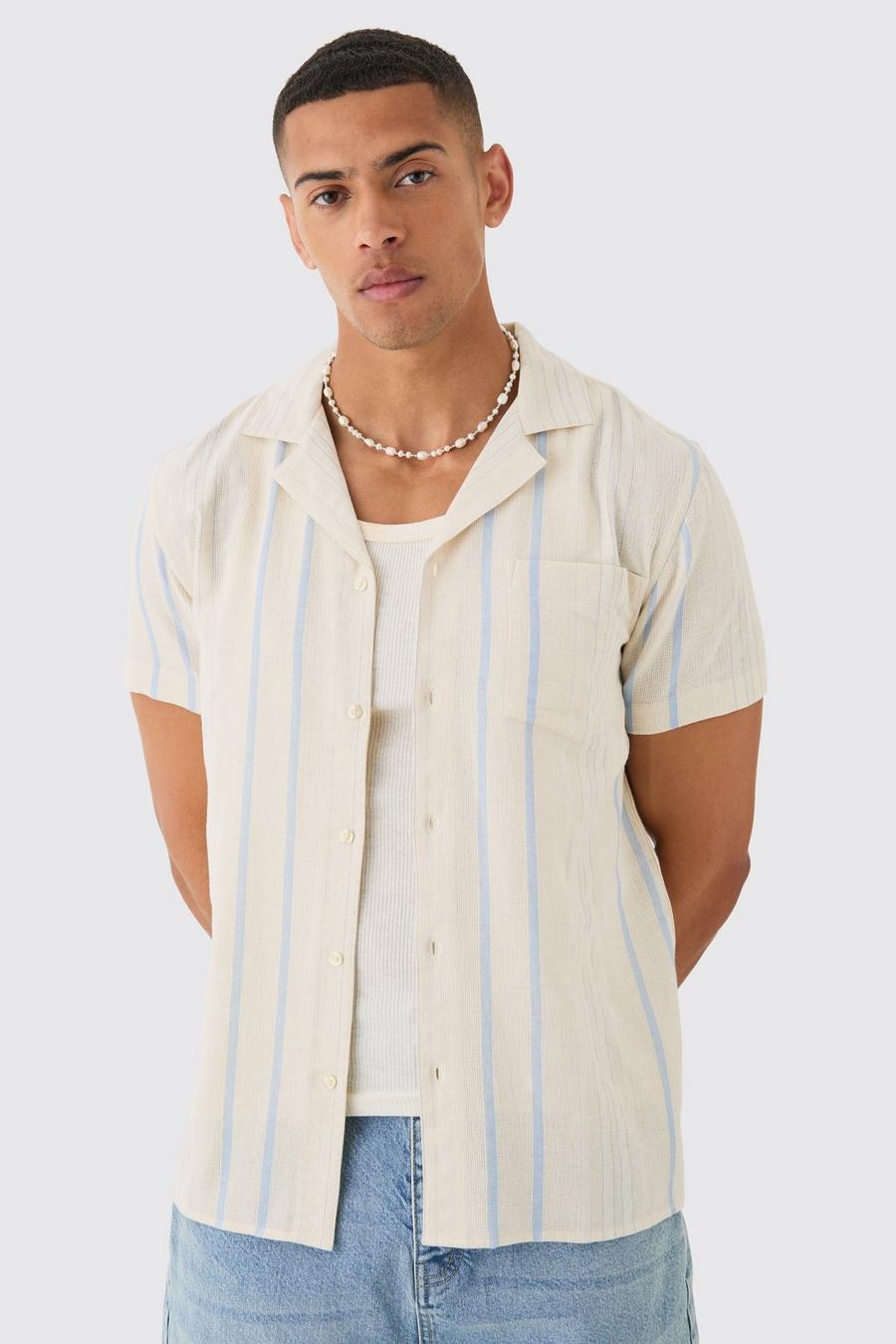 Blue Short Sleeve Textured Multi Stripe Pocket Shirt 