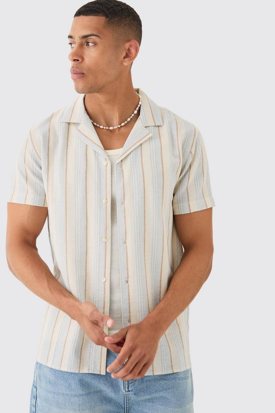 Blue Short Sleeve Textured Tonal Stripe Shirt image number 1