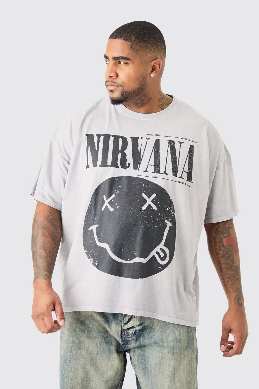 Grey Plus Gelicenseerd Overdye Nirvana Smiley T-Shirt image number 1