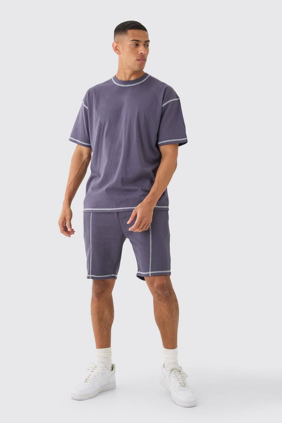 Purple Oversized T-Shirt Met Contrasterende Stiksels En Shorts Set