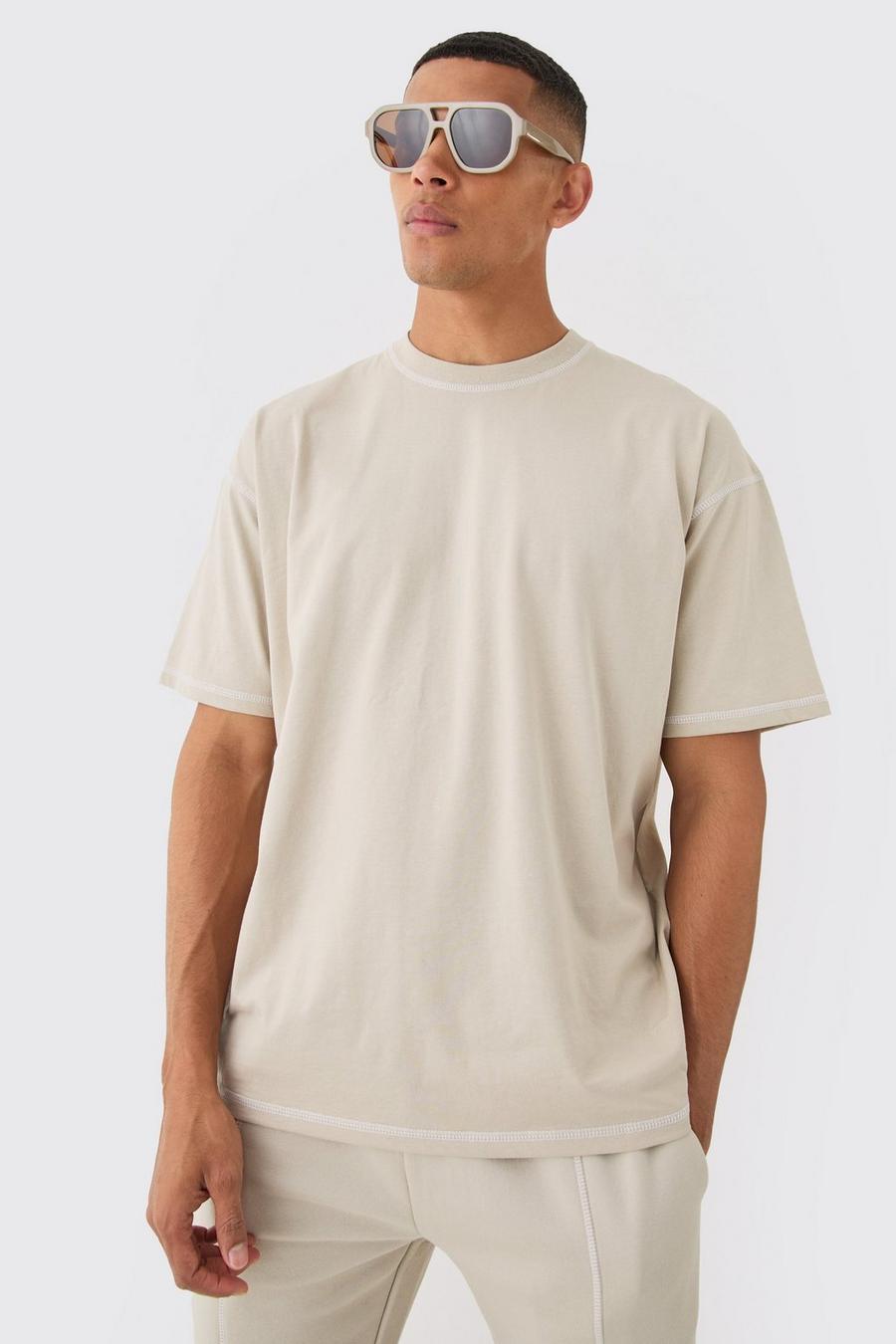 Oversized Contrast Stitch Extended Neck Embroidered T-shirt, Stone image number 1
