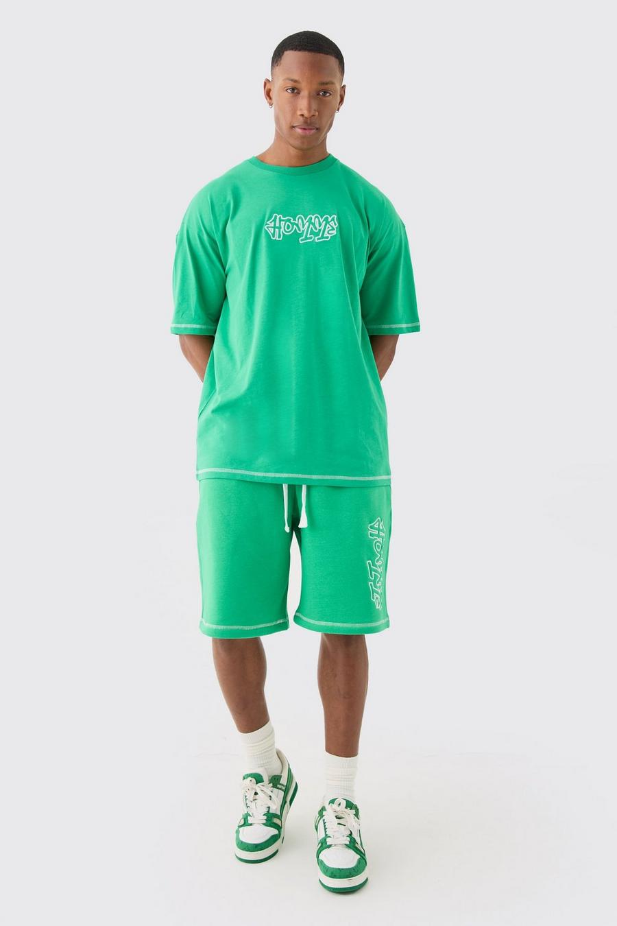 Conjunto oversize de pantalón corto y camiseta con aplique de costuras en contraste, Green
