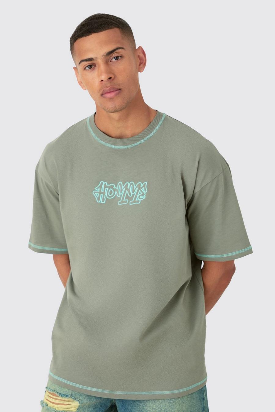 Green Oversized Contrast Stitch Applique T-shirt image number 1