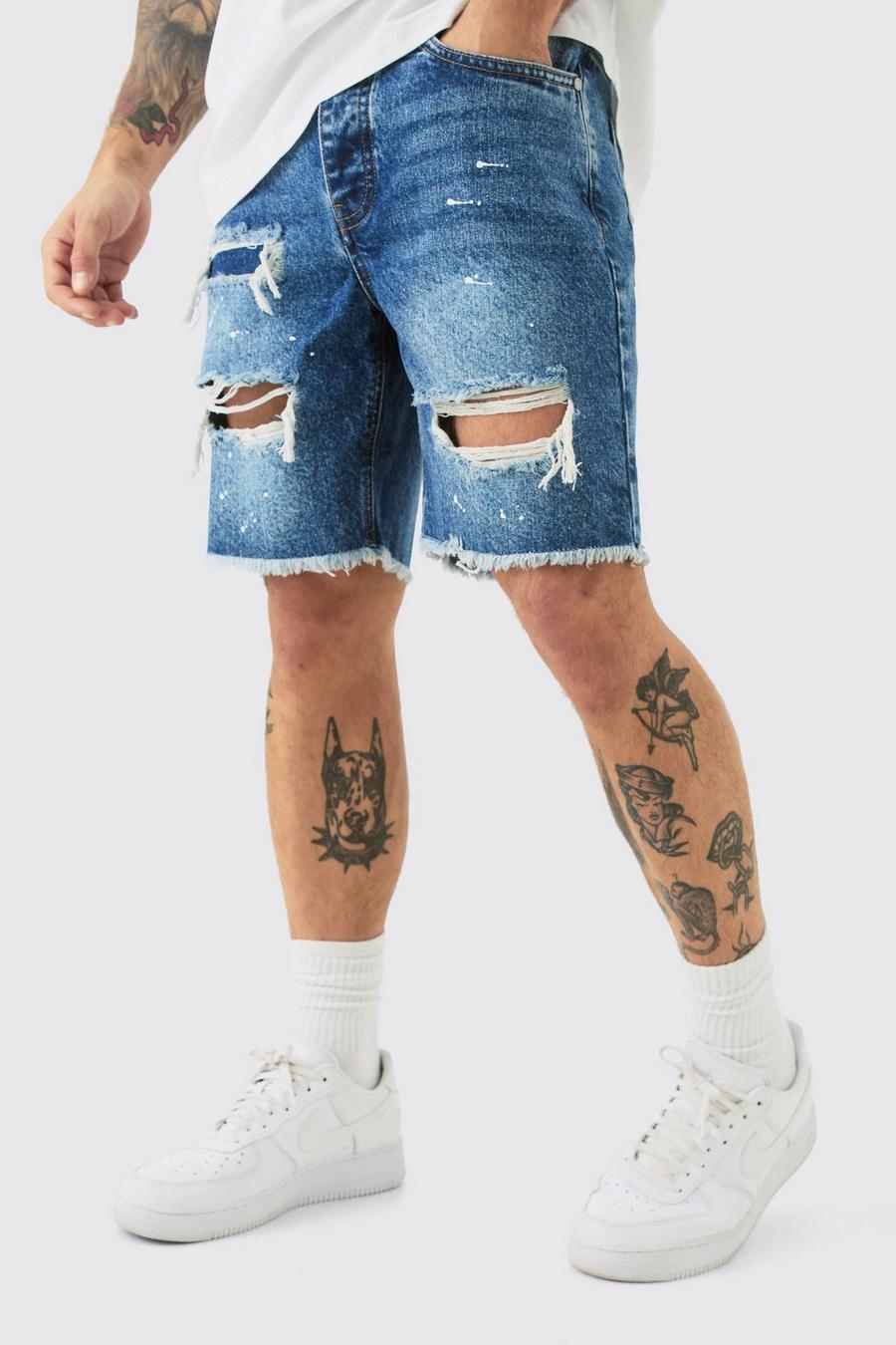 Pantalones cortos vaqueros ajustados sin tratar rotos con salpicaduras de pintura en azul claro, Light blue image number 1
