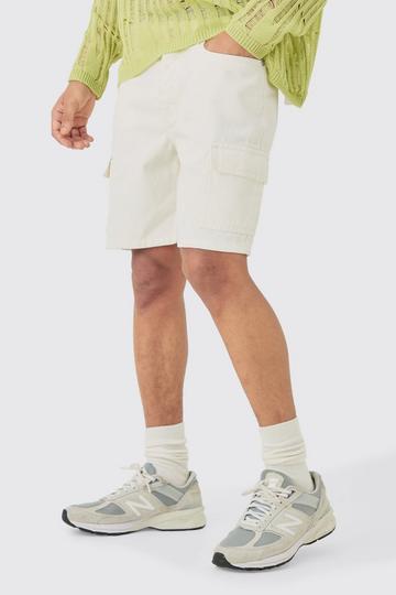 White Slim Rigid Cargo Denim Shorts In Ecru
