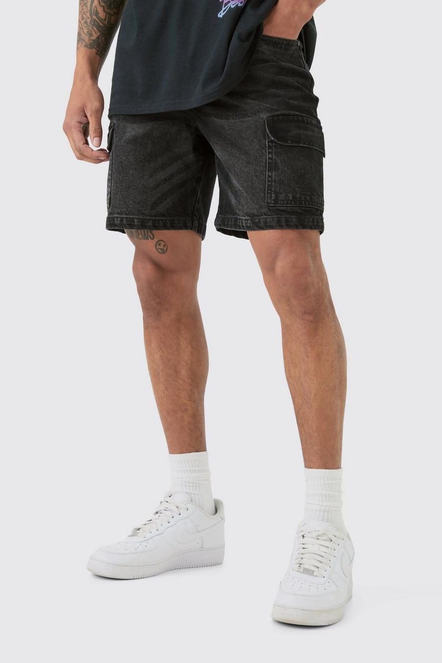 Slim Rigid Cargo Denim Shorts In Black