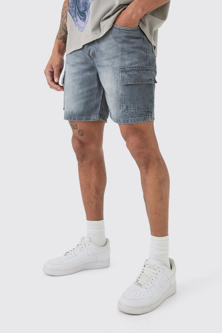 Graue Slim Cargo Jeansshorts, Grey