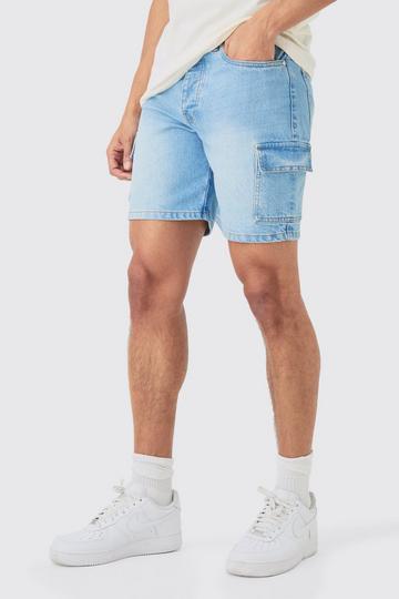 Brown Slim Rigid Cargo Jean Shorts In Light Blue